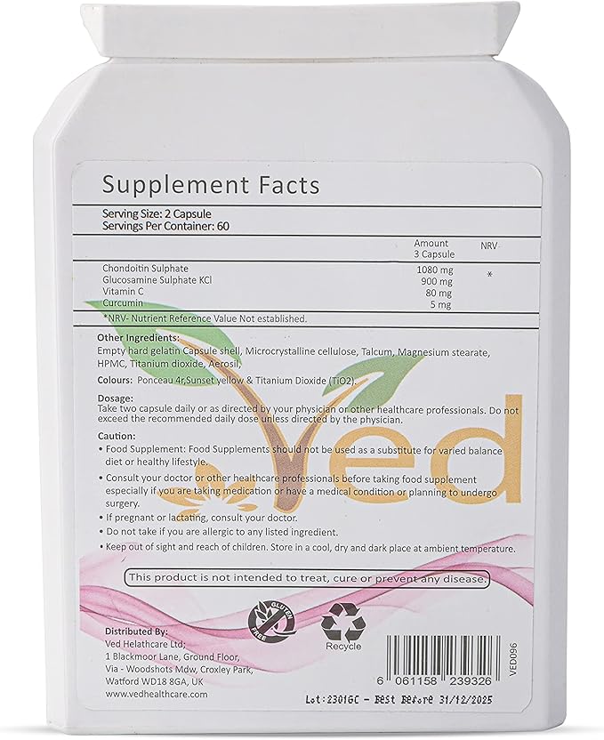 VED Glucosamine Chondroitin Turmeric Vitamin C | Joint Support Supplement |Non-GMO, Gluten Free | 120 Capsules | 60 Days Supply.