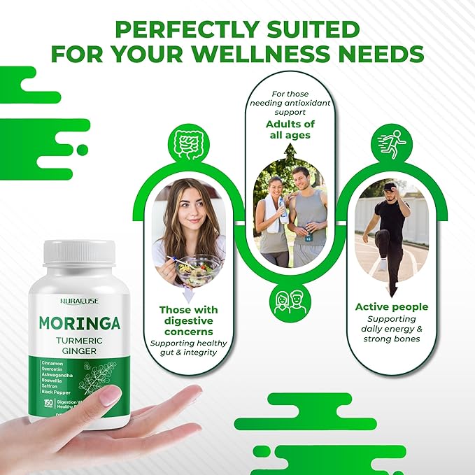 Moringa 12-in-1 Supplement with Turmeric Cinnamon Quercetin Ashwagandha Ginger Boswellia Nettle Saffron Tart Cherry Garlic - Made in The USA