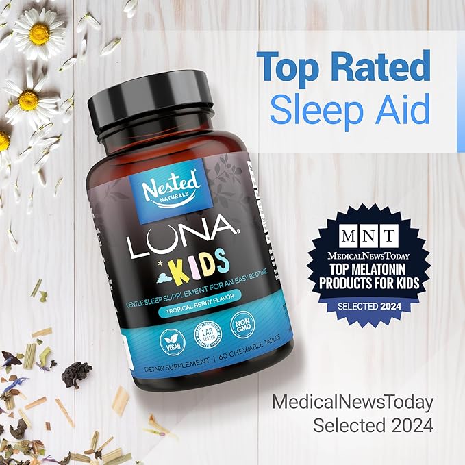 Nested Naturals Luna Kids Sleep Supplement (60 Chewable Tablets) & Luna Natural Sleep Aid (60 Vegan Capsules)