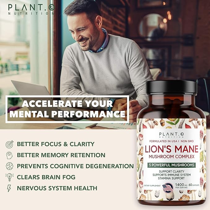 Plant.O Premium Lion's Mane Supplement, All Natural Nootropics Brain Supplement, 5 Mushroom Complex – Lion’s Mane, Reishi, Chaga, Maitake, Shiitake for Immunity, Focus, Mood & Memory Boost, 90 Caps