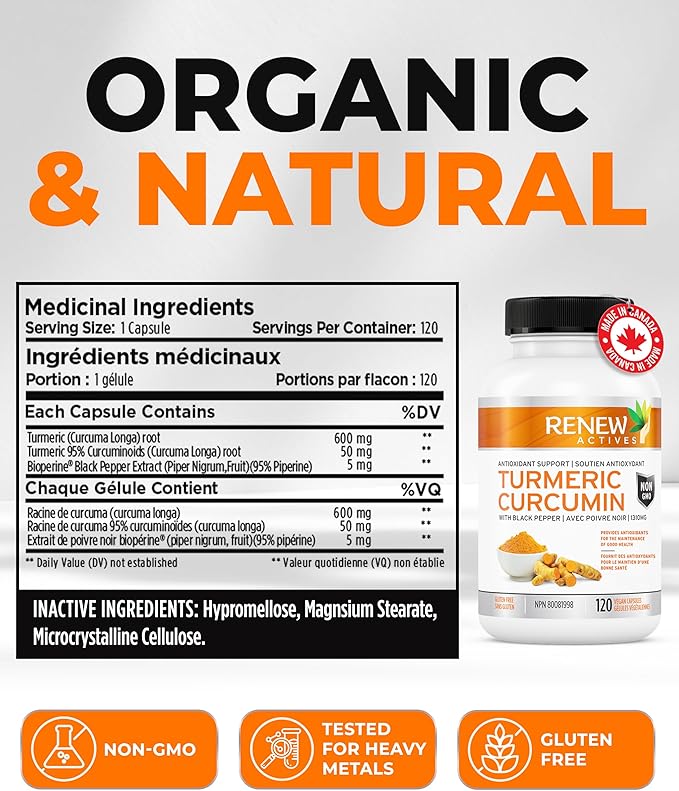 Renew Actives Turmeric Curcumin with Black Pepper – 600MG Turmeric Root, 100MG Curcuminoids per 2 Capsules – Supports Digestion, Liver Health, Joint Relief & Mobility – Made in Canada – 120 Capsules