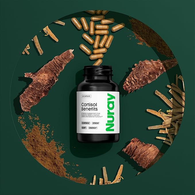 Nuray Cortisol Benefits Supplement - Adrenal Support with Rhodiola Rosea Supplement, Ashwaghanda - Gluten-Free, Vegetarian, Promotes Energy - 60 Capsules