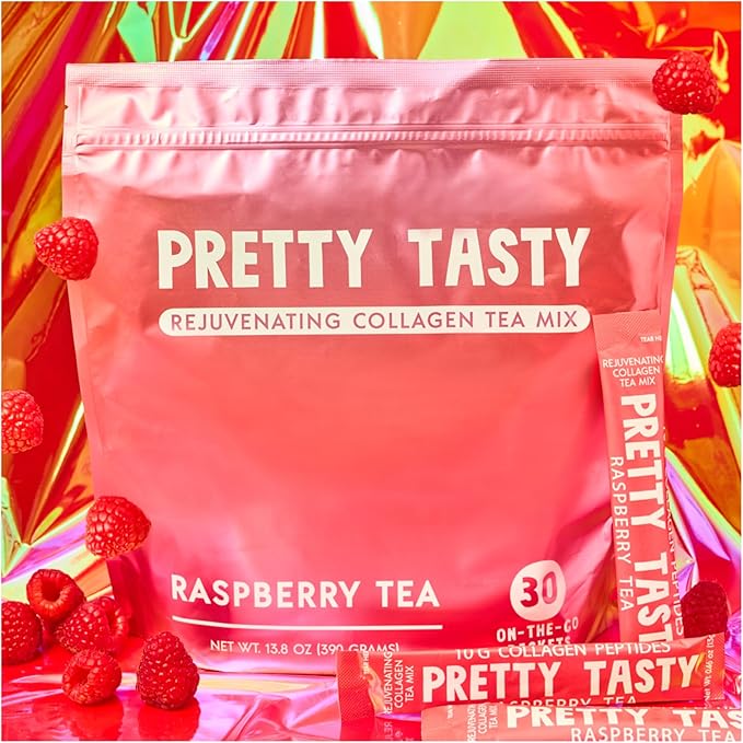 Raspberry Radiance Collagen Tea - Stick Pack Pouch, Sun-Kissed Raspberry Blend, Beauty and Wellness, 10g Collagen Peptides Mix, 30 Count