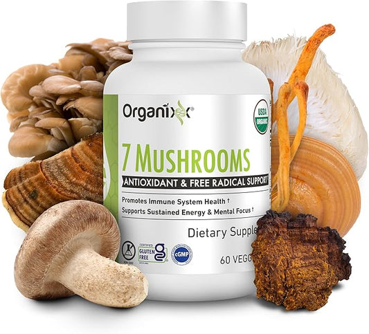 Organixx USDA Organic Mushroom Supplement, 7 Fermented Mushrooms – Lions Mane, Shiitake, Cordyceps, Turkey Tail, Reishi – for Immune & Digestion Support, 60 Vegetarian Capsules
