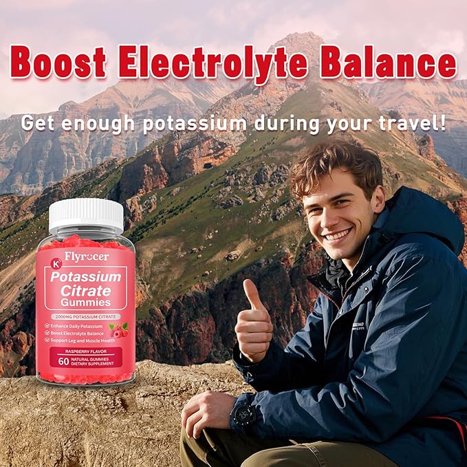 2 Pack Potassium Citrate Gummies for Adults Men & Women, Potassium Supplement for Support Leg Cramps, Muscle Health & Electrolyte Balance, Vegan, Raspberry Flavor, 120 Count