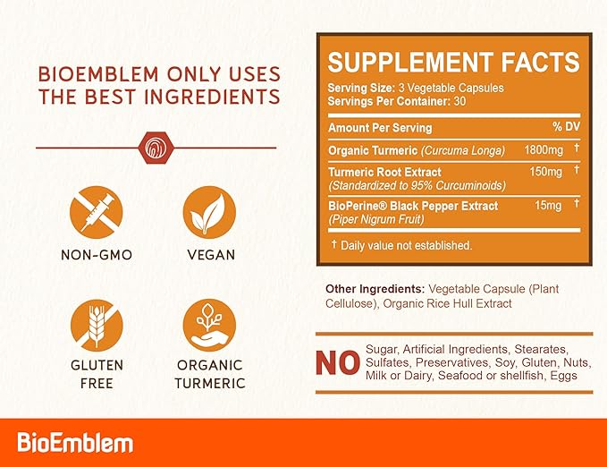 BioEmblem Turmeric Curcumin Supplement with BioPerine | Joint Support & Heart Health | with Organic Turmeric Powder & 95% Curcuminoids Extract | California Made, Non-GMO, 90-Day Supply