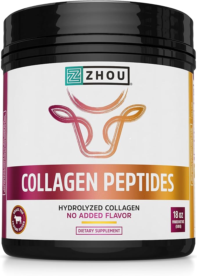 Zhou Collagen Peptides - Pure Hydrolized Collagen Powder for Women & Men, Grass Fed Natural Bovine Collagen for Skin, Hair Growth, Joints & Bones - 18 oz Jar (46 Servings)