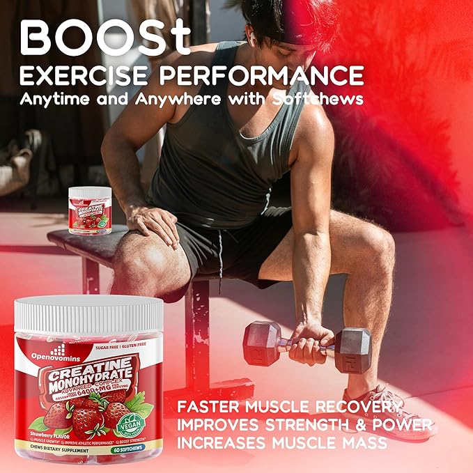 Creatine Monohydrate Soft Chews Complex 6400mg for Men & Women -Advanced Formula W/L-Taurine + Vitamin B12, Sugar Free Chewable Supplement,60 Strawberry Softchews