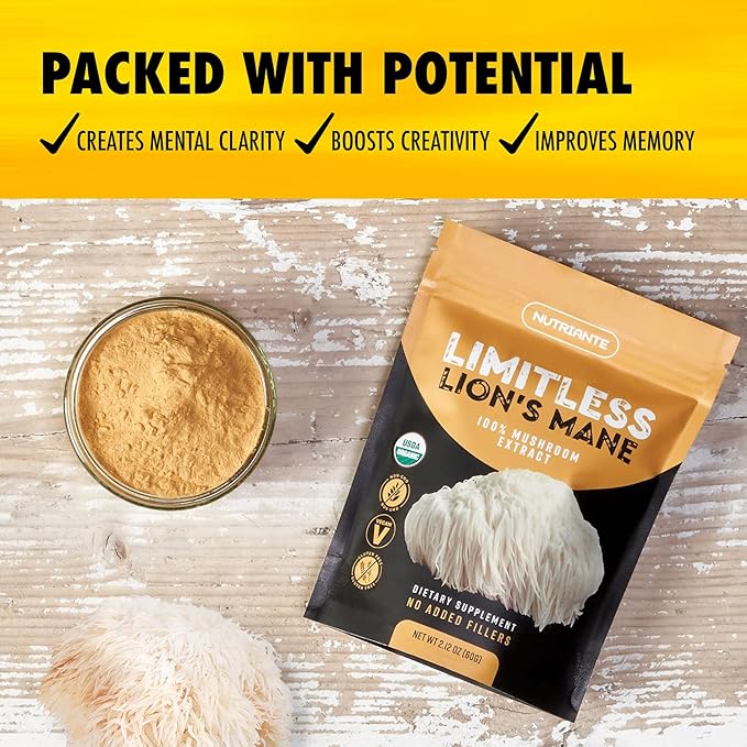 Premium USDA Organic Lions Mane Extract Powder – Pure Nootropic Mushroom Supplement for Focus, Memory, Nerve & Immune Support – 15:1 Dual Extract, Vegan, Gluten-Free, Non-GMO by Nutriante, 2.12 Oz