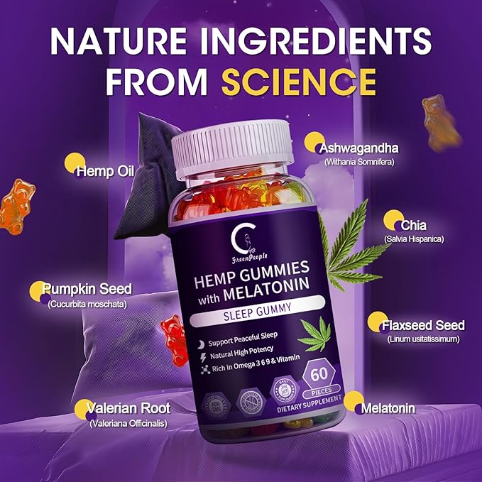 Hemp Gummies for Sleep with Melatonin, Support Relaxation & Peace, Calm Gummies for Adults, All Natural Hemp Oil, Vegan, Non-GMO, 60ct