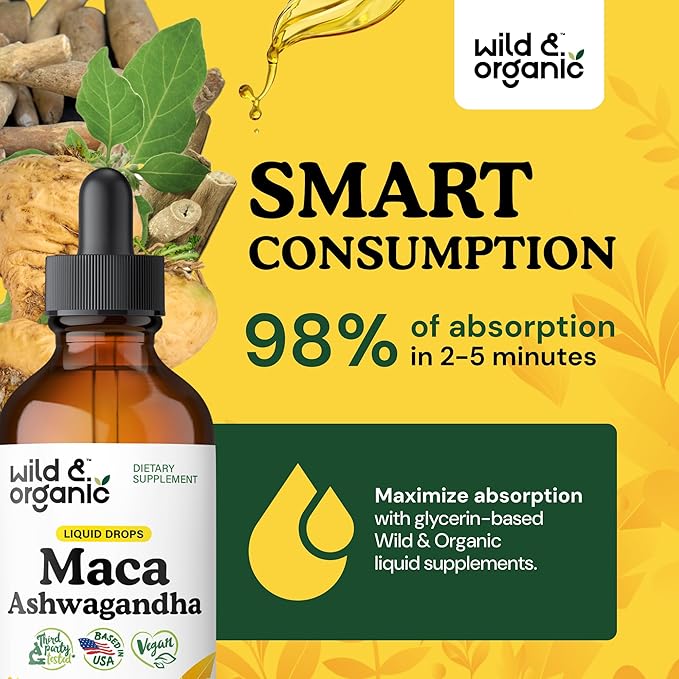 Wild & Organic Maca Root Ashwagandha Drops for Men and Women - Liquid Maca Ashwagandha Supplement for Overall Support - Peruvian Extract Tincture - Vegan, Sugar & Alcohol-Free - 4 fl oz