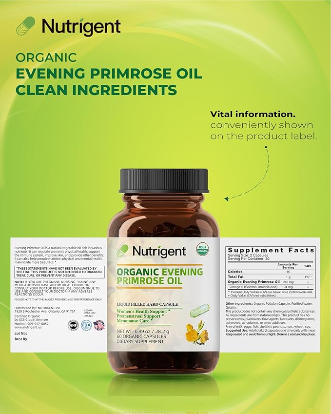 Organic Evening Primrose Oil Supplement, 940 mg 100% Pure with 10% GLA, High Absorption Liquid Organic Capsules, Promotes Women's Health & Skin Health, Cold Pressed, 60 Count