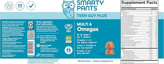SmartyPants Teen Guy Multivitamin Gummies - Improved Formula: Omega 3 (DHA/EPA), Vitamin D3, C, Vitamin B12, B6, A, K & Zinc, Folate, Gluten Free, Fruit Flavor, 60 Count (30 Day Supply)
