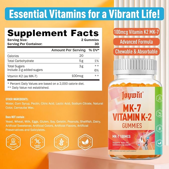 Vitamin K2 MK-7 Gummies 100mcg, Extra Strength K2 Vitamin Supplement for Bone & He-Art Support, Chewable Natural Orange Flavor, Non GMO, Vegan, 60 Gummies
