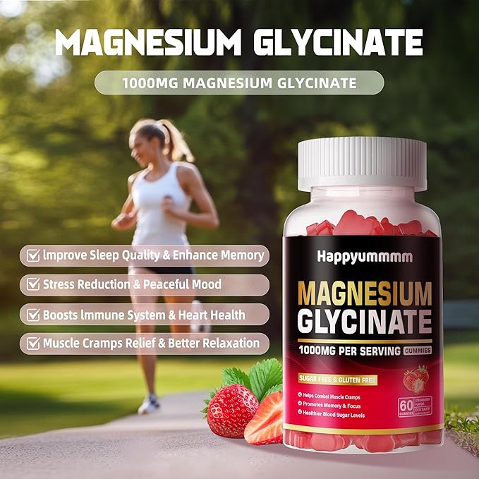 Magnesium Glycinate Gummies 1000mg - Sugar Free Magnesium Potassium Supplement with Vitamin D, B6, CoQ10 for Calm Mood & Sleep Support - 60 Strawberry Gummies.