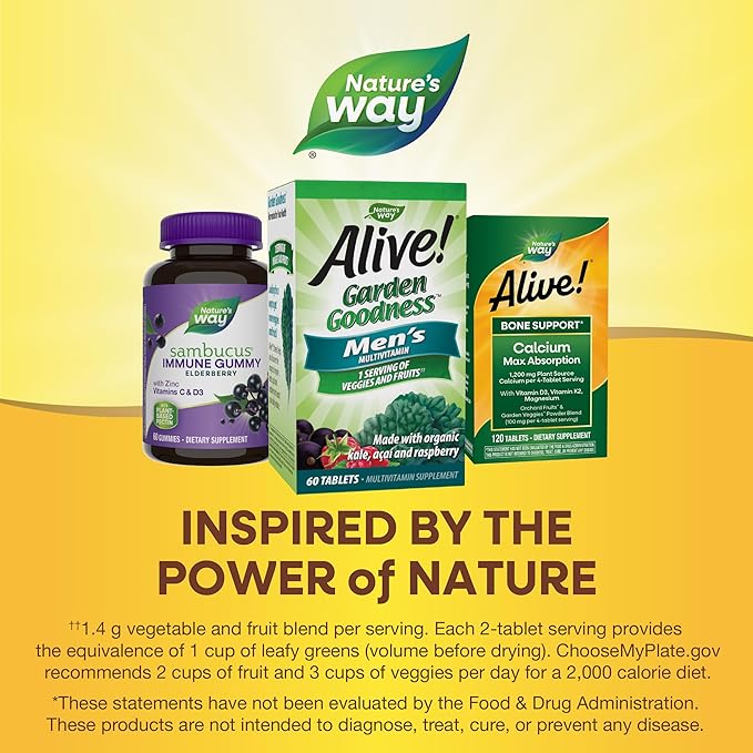 Nature's Way Alive! Garden Goodness Men's Multivitamin, One Serving of Veggies and Fruits**, High Potency B-Vitamins, 60 Tablets