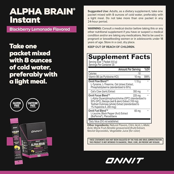 ONNIT Alpha Brain Instant Cognitive Support Drink Mix, BlackBerry Lemonade Flavor, Nootropic Supplement for Focus, Memory, and Clarity, 0.13 oz Packets, 30 Count