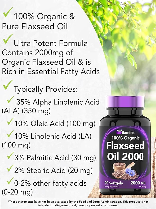 Organic Flaxseed Oil Softgels: 2000 mg - 90 Softgels | High in Omega-3 Fatty Acids | Flaxseed Oil Supplement for Women & Men | Non-GMO