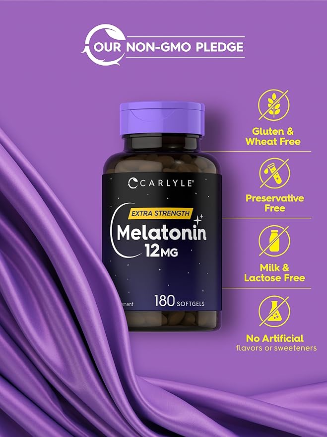 Carlyle Melatonin 12 mg | 180 Softgel Capsules | Adult Extra Strength Support Supplement | Non-GMO, Gluten Free