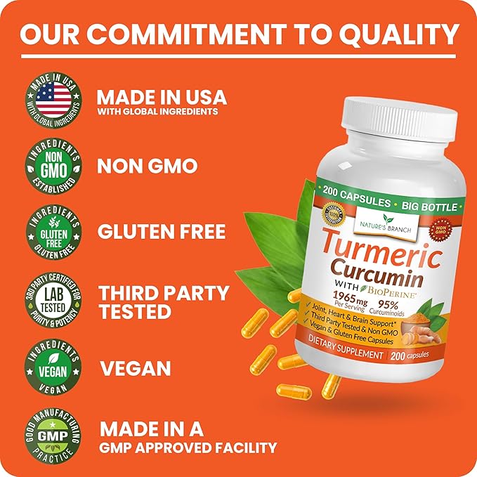 Turmeric Curcumin with Black Pepper Extract - Organic Powder 200 Capsules - 1965mg Extra Strength Joint Support Supplement, High Absorption, BioPerine Complex, High Potency, Vegan Pills, Made in USA