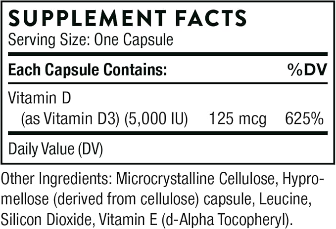 THORNE Vitamin D-5000 - Vitamin D3 Supplement - Support Healthy Bones, Teeth, Muscles, Cardiovascular, and Immune Function* - NSF Certified for Sport - Dairy-Free, Soy-Free - 60 Capsules
