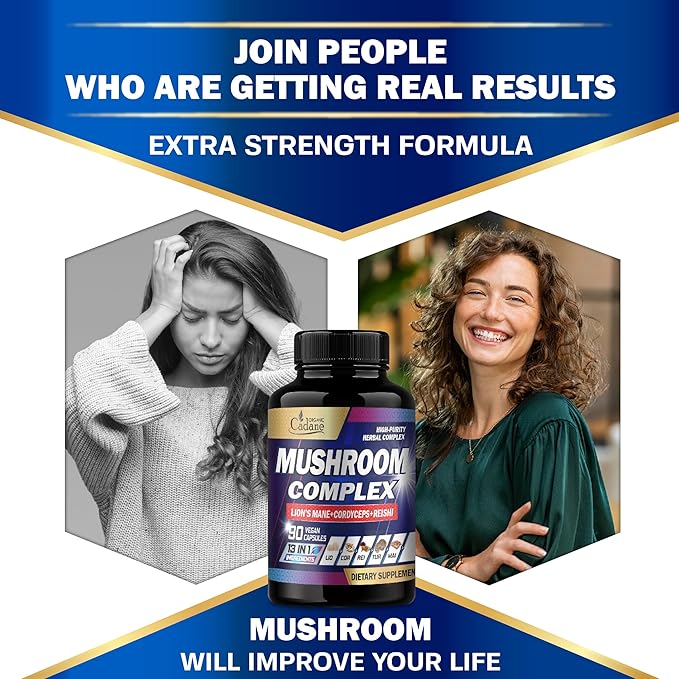 Cadane Mushroom Complex Supplements - 13in1 Concentrated with Lions Mane, Cordyceps Sinensis, Reishi, Turkey Tail Mushroom, Maitake, Chaga, Shiitake, Enoki, Agaricus, Oyster & More - 90 Vegan Capsules