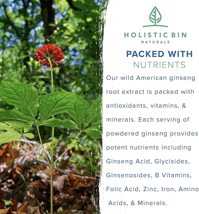 Holistic Bin Wild American Ginseng Powder Pure Organic Ginseng Supplement Made with Wild Harvested 20+ Year Old Roots from Appalachia (Panax Quinquefolius) | No Fillers or Additives (25 Grams)