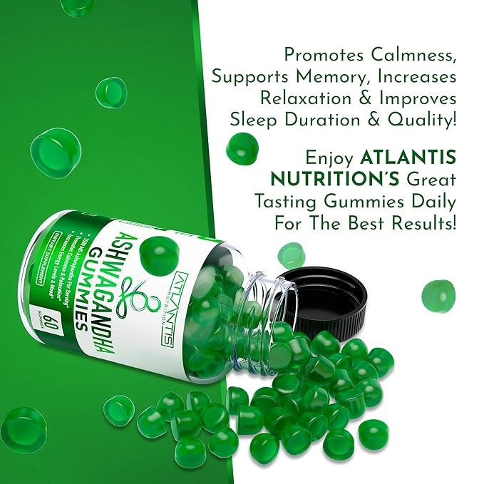 Atlantis Nutrition Ashwagandha Gummies - 1500 MG Per Serving - Promotes Calmness, Improves Mood, Boosts Energy Levels & Strengthens Immune System - Formulated with Vitamin D & Zinc - Vegan | 60 Count