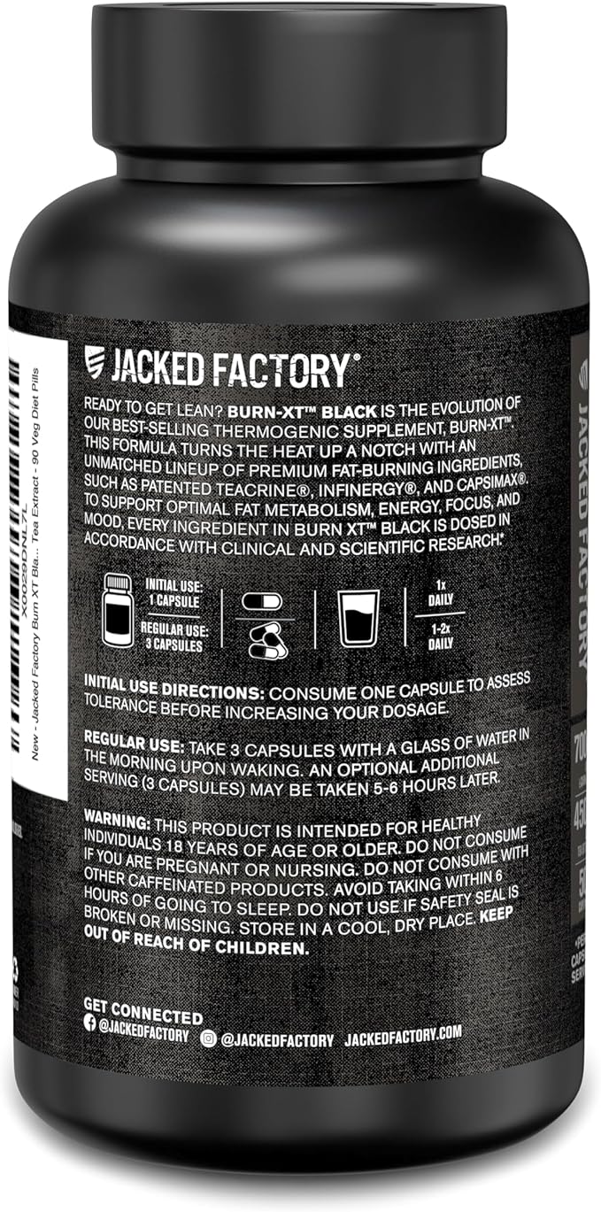 Jacked Factory Burn XT Black Thermogenic Fat Burner - Weight Loss Supplement, Appetite Suppressant, Nootropic Energy Booster | TeaCrine, Acetyl L-Carnitine, Green Tea Extract - 90 Veg Diet Pills