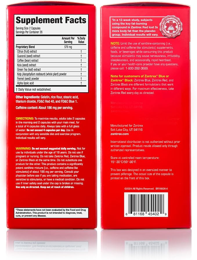 Zantrex Red Fat Burner & Active Energy Booster Supplement | Supports Body Sculpting, Increased Focus & Workout Performance | 56 Capsules