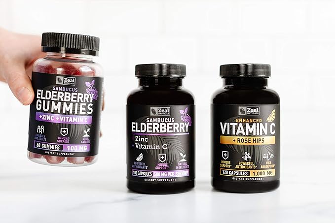 Zeal Naturals Max Strength Elderberry Capsules + Zinc + Vitamin C | 500mg for Immune System Support with Black Sambucus Elderberry | 100 Count | 3-in-1 Immune Support for Adults