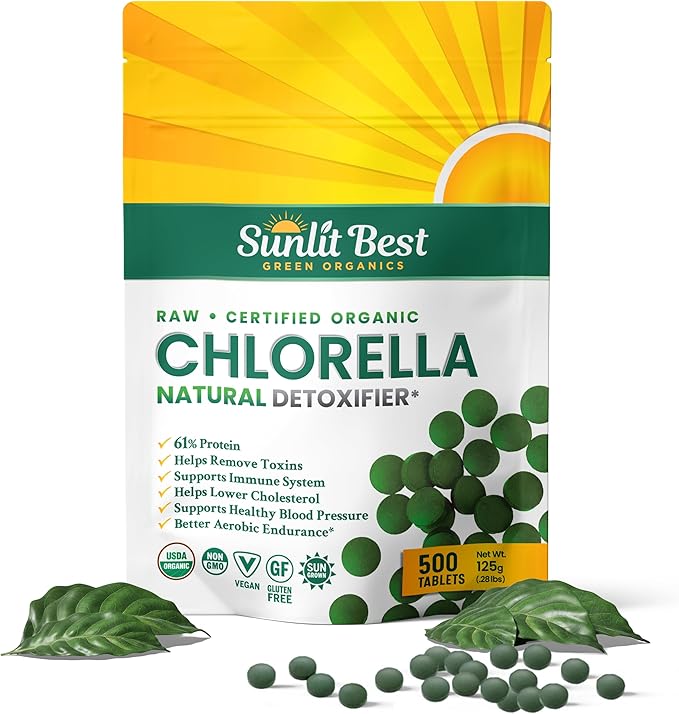 Sunlit Organic Chlorella Tablets for Natural & Full Body Cleanser 500 Count - Supplement Supports Your Gut Health, Immune System & Energy Level, High in Protein, Chlorophyll, Vitamins and Minerals
