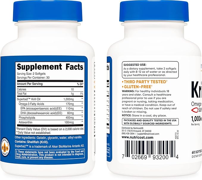 Nutricost Krill Oil 1000mg; 60 Liquid Softgels (3 Bottles) - Omega-3 EPA-DHA