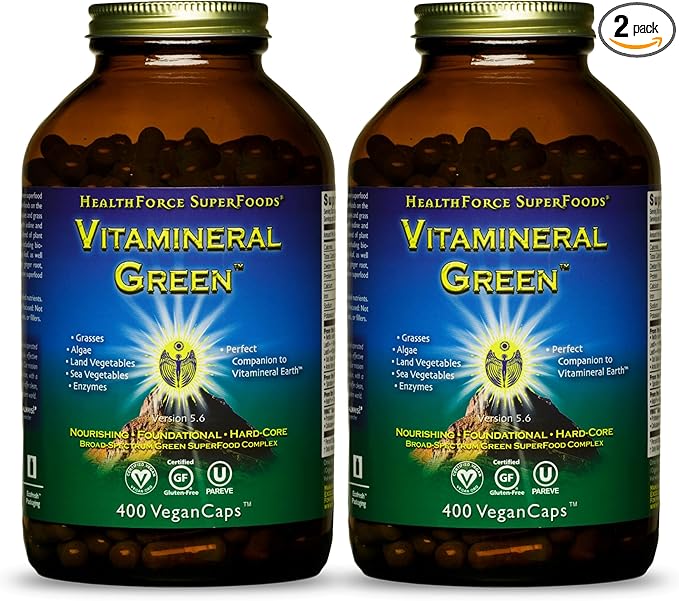 HealthForce SuperFoods Vitamineral Green - Mineral Supplement for Immune & Thyroid Support - Green Powder Supplement with Ingredients from The Land - Gluten-Free & Vegan - 400 Capsules (Pack of 2)