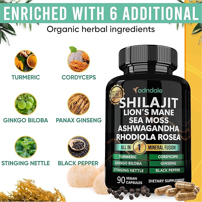Shilajit Ultra Force 11-in-1. Pure Himalayan Organic Shilajit Capsules with Sea Moss Ashwagandha Rhodiola Rosea Panax Ginseng Turmeric Lion’s Mane Ginkgo Cordyceps Stinging Nettle