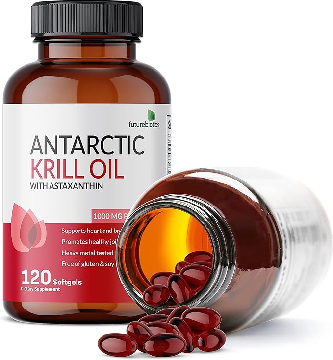 Futurebiotics Antarctic Krill Oil 1000mg with Omega-3s EPA, DHA, Astaxanthin and Phospholipids - Premium Krill Oil Heavy Metal Tested, Non GMO – 120 Softgels (60 Servings)