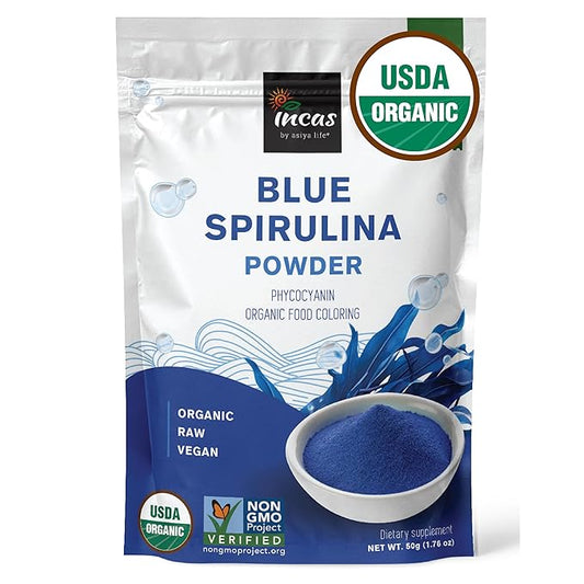USDA Organic Blue Spirulina Powder (Phycocyanin Extract), 50 Servings - No Fishy Smell, 100% Vegan Protein from Blue-Green Algae, Natural Food Coloring for Smoothies, Baking & Drinks (1.76 Ounces)