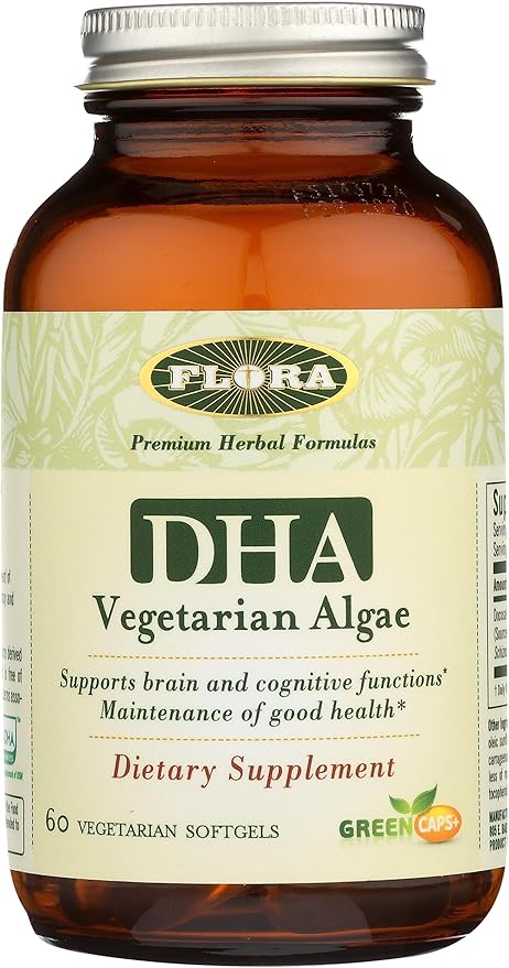 Flora - DHA Vegetarian Algae GreenCaps Plus - Brain & Heart Health - Aids Overall Health During Pregnancy - For Brain & Nervous System - Provides Omega-3 - Vegan & Sustainable - 60 Vegetarian Softgels