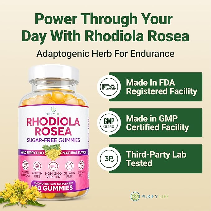 Purify Life Sugar-Free Rhodiola Rosea Gummies (1500mg/Serving) Cortisol Detox & Adrenal Support Supplement - Adaptogenic Rhodiola for Mood, Motivation, Stamina & Performance, Non-GMO, 60 Vegan Chews