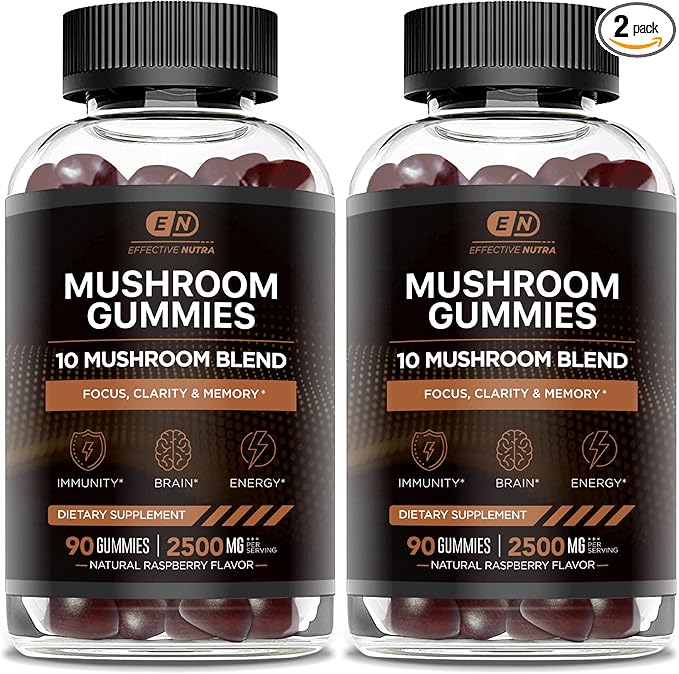 Mushroom Gummies 2500mg | 10 Blend w/Lions Mane, Reishi, Chaga, Cordyceps & More | Focus, Memory, Immunity, Energy | Natural Berry Flavor Supplement | Vegan, Made in USA (2-Pack)