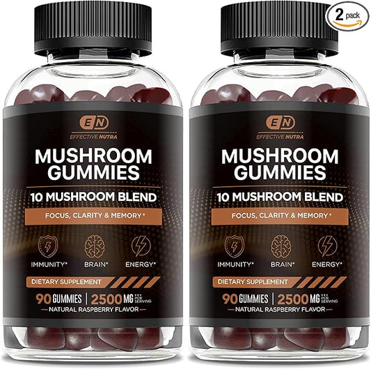 Mushroom Gummies 2500mg | 10 Blend w/Lions Mane, Reishi, Chaga, Cordyceps & More | Focus, Memory, Immunity, Energy | Natural Berry Flavor Supplement | Vegan, Made in USA (2-Pack)