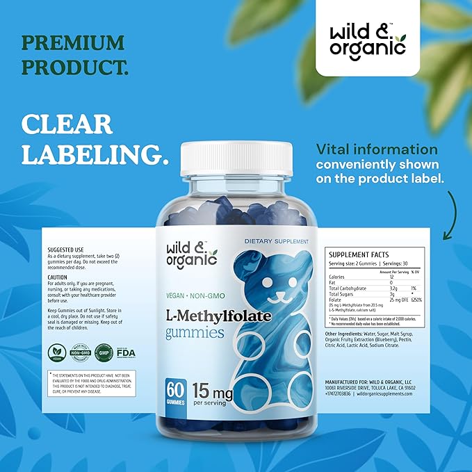 Wild & Organic L-Methylfolate 15mg Gummies - Mood & Brain Support - Folate 5-MTHF Supplement for Brain, Focus, Clarity - Folate Supplement w/Vitamin B9-60 Non-GMO L Methylfolate Gummies