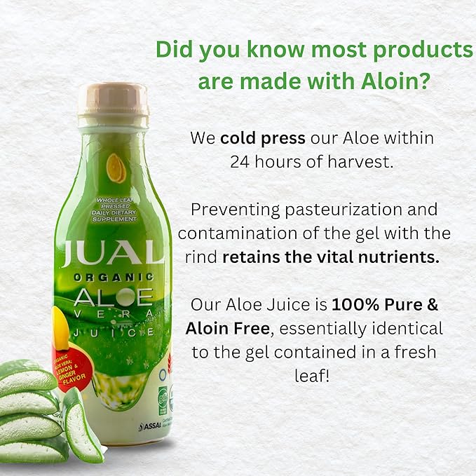 JUAL Healthy Organic Aloe Vera Juice drink, 16.7 Fl Oz - Lemon & Ginger Flavor - Aloe Vera Drink - Vegan, Zero Sugar, Aloin free Pure Aloe Juice for Gut Health - Immune Booster, 500ml (Pack of 1)