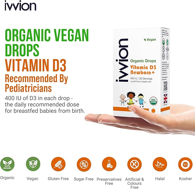 Organic Vegan 400IU, Vitamin D3, 120 Drops β Baby Drop for Infants & Toddlers | USDA Organic, Non-GMO, Plant-Based, No Additives or Preservatives, All Natural, Made in UK
