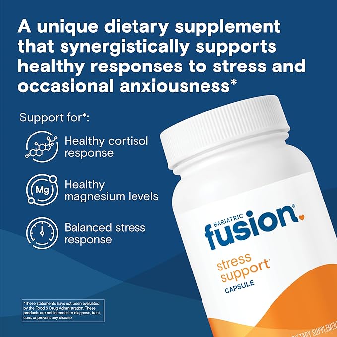 Bariatric Fusion Stress Support* | Vegan Supplement with Magnesium and Ashwagandha | Daily Vitamin for Women and Men | Gluten, Dairy and Soy Free | Non-GMO | 60 Capsules