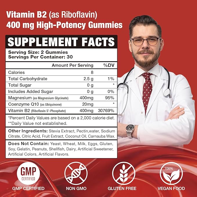 Vitamin B2 Gummies Riboflavin 400mg Strawberries Flavor, 120 Count,Vegan, Sugar-Free