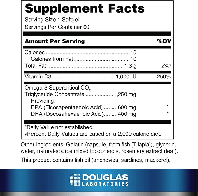 Douglas Laboratories Quell Fish Oil EPA/DHA Plus D | 3:2 Ratio of EPA to DHA Essential Omega 3 Fatty Acids Plus 1,000 I.U. of Vitamin D3* | 60 Softgels