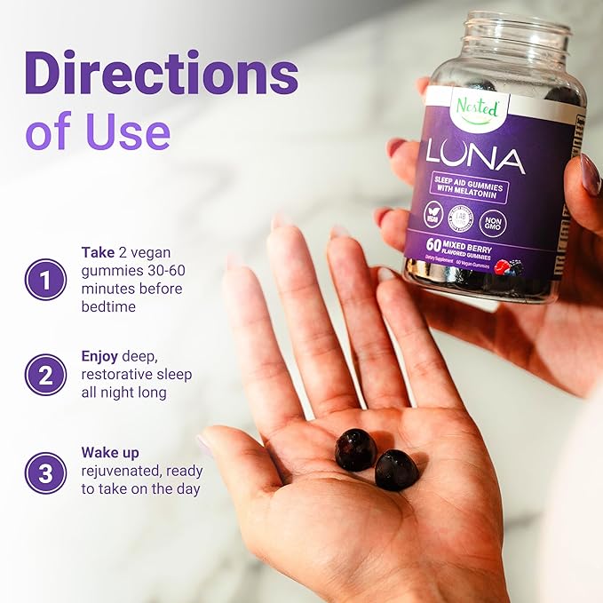 Nested Naturals Luna Sleep Gummies - Non-Habit Forming Melatonin Gummies 3mg with L-Theanine, Valerian Root, GABA, and Lemon Balm - Sleep Gummies for Adults - Mixed Berry, 60 Vegan Gummies