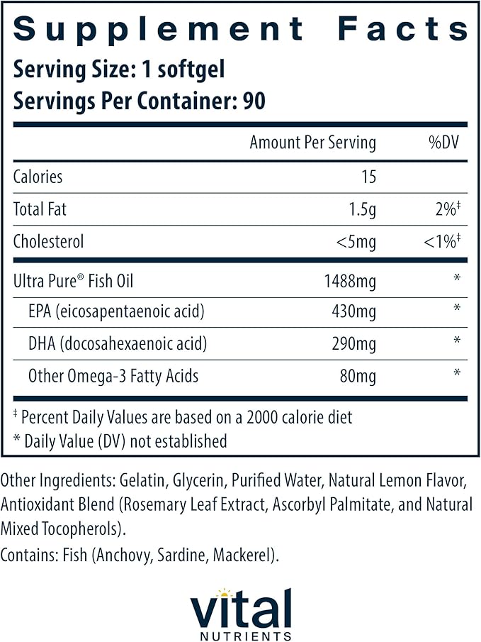 Vital Nutrients Ultra Pure® Fish Oil 800 Triglyceride Form | Heart, Brain, & Immune Health* | Sustainably Sourced High EPA & DHA Omega-3 Fatty Acid | Lemon Flavor | Gluten, Dairy, Soy Free | 90 Count