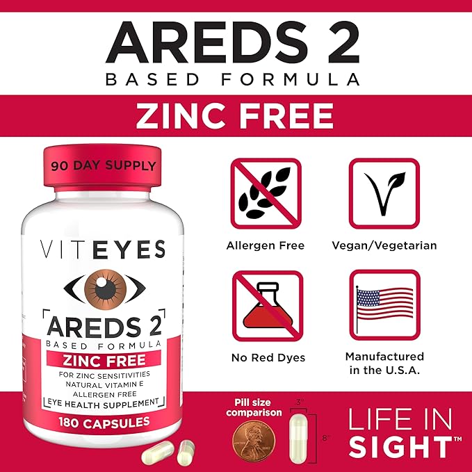 Viteyes AREDS 2 Zinc Free Macular Support, Natural Allergen Free Capsules with Vitamin E, Vitamin C, Lutein & Zeaxanthin, No Zinc, No Copper, Eye Doctor Trusted, Manufactured in The USA, 180 Ct